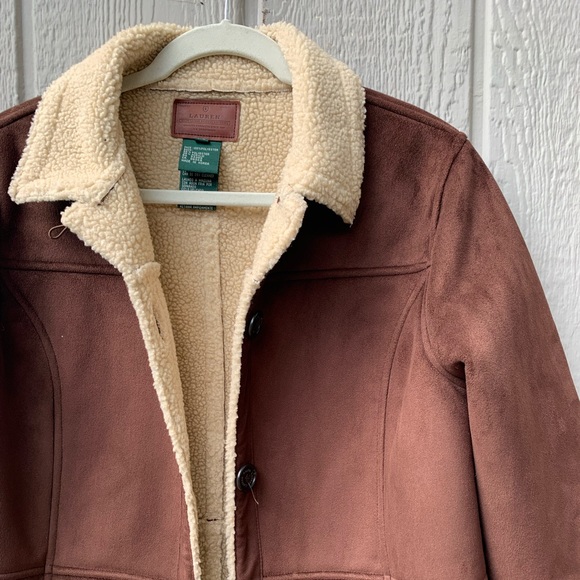 Lauren Ralph Lauren dry goods rich chocolate brown faux suede sherpa lined coat - Picture 2 of 16